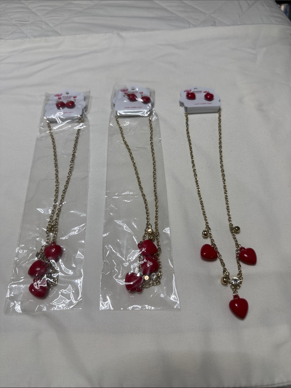 Sets of 3 Pieces Gold-Tone Necklace with Red Heart Charms - Women Jewelry